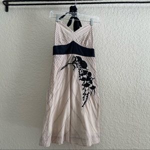 Anthropologie Floreat halter-tie dress with floral embroidery- Tan and black
